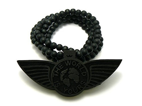 The World is Yours Globe Wing Wood Pendant 8mm 36" Wooden Bead Chain Necklace in Black