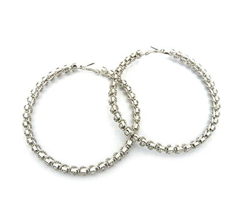 Two Row Rhinestone Bead Charm Dressy Hoop Earrings in Silver-Tone