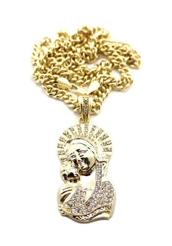 Saint Mary and Christ Jesus Pendant in Gold Tone w/ 36" Cuban Chain CP99G