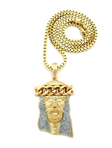 Thick Crown Silver-Tone Dusted Jesus Head Pendant 3mm 24" Box Chain Necklace in Gold-Tone