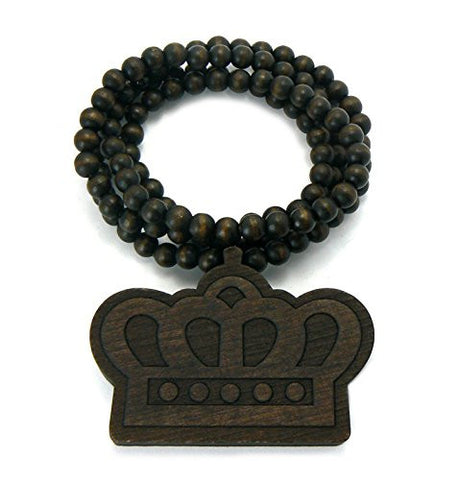Crown Wood Pendant 8mm 36" Wooden Bead Chain Necklace in Brown
