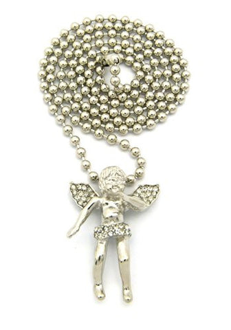 Micro Cherub Angel Rhinestone Pendant w/ 27" Ball Chain - Silver Tone MMP53R