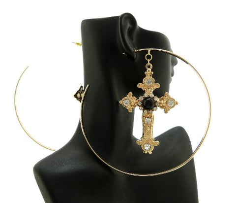Fabulous Gold/Black Color Cross Charm Large Size Hoop Earrings DE1125GDBLK