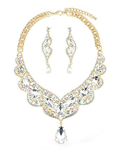 Dangling Teardrop Accent Clear Stone Necklace and Earrings Jewelry Set in Gold-Tone