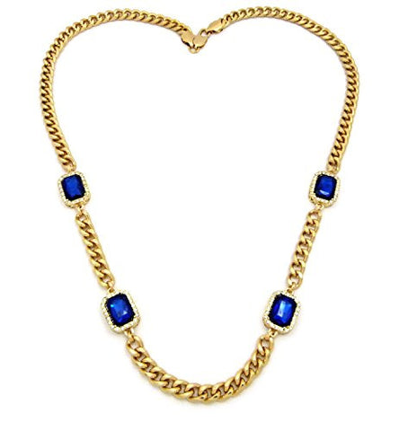 Faux Sapphire Stone Amulet Pendants w/ 8mm 30" Cuban Chain Necklace in Gold-Tone