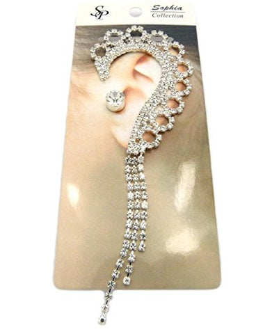 Rhinestone Circles Dangle Ear Cuff and Stud Earring in Silver-Tone