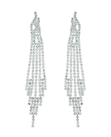 Clear Pave Rhinestone Strand Drop Earrings in Silver-Tone