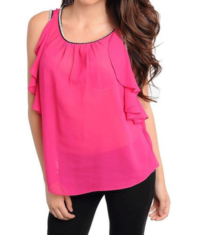 NYfashion101 Flowy Sleeveless Top w/Shirred Neckline Embellished Trimmings Fuschia