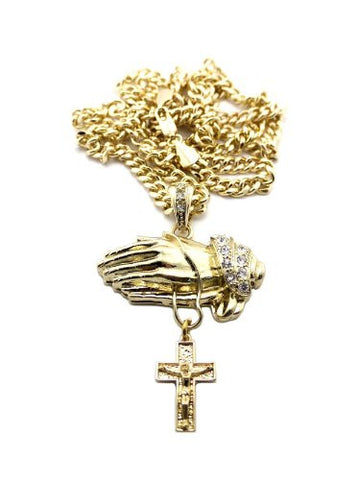 Praying Hands and Cross Pendant in Gold Tone w/ 6mm 36" Miami Cuban Chain CP100G