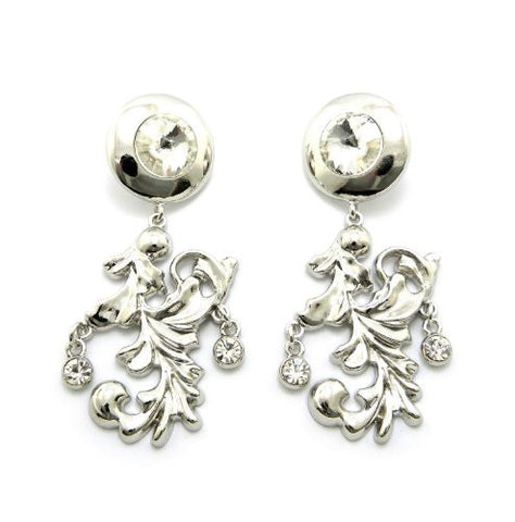 Clear Stone Stud Filigree Charm Drop Earrings in Silver-Tone