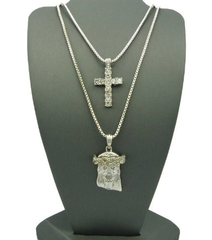 Cross & Jesus 2 Piece Silver Tone Micro Pendant Set w/ Box Chain RC201R