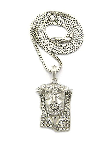 Rhinestone Crown Jesus Pendant 2mm 24" Box Chain Necklace in Silver-Tone
