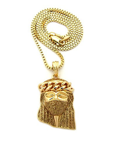 Thick Crown Mask Jesus Gold-Color Glitter Micro Pendant 2mm 24" Box Chain Necklace in Gold-Tone