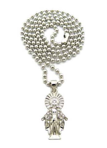 Halo Jesus Stone Stud Micro Pendant 3mm 27" Ball Chain Necklace in Silver-Tone