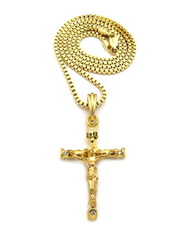 Crinkle Crucifix Cross Pendant 2.5mm 24" Box Chain Necklace in Gold-Tone