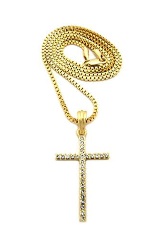 Thin Slim Rhinestone Cross Pendant 2mm 24" Box Chain Necklace in Gold-Tone