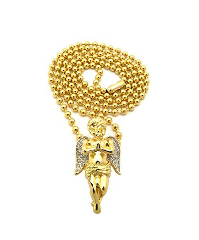 Glitter Praying Cherub Pendant 3mm 27" Ball Chain Necklace in Silver/Gold-Tone