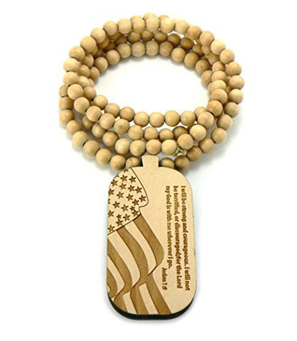 Joshua 1:9 Bible Verb US Flag Engraved Wood Pendant 36" Wooden Bead Chain Necklace - Natural WX39NL