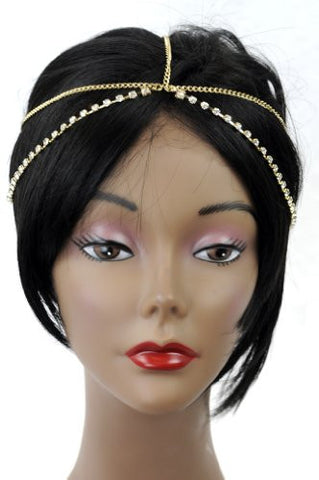 New Gold Ladies Simple Metal Head Chain w/ Rhinestone Lining 1018G