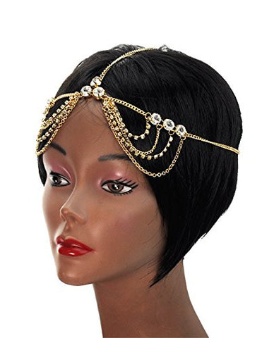 Symmetric Rhinestone Studs Multi Strand Draping Head Chain Jewelry in Gold-Tone