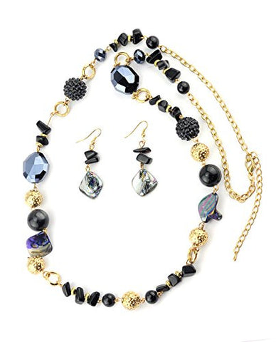 Faux Stone, Pebble, Pearl Bead Fashion Necklace with Earrings ULE11066BLK
