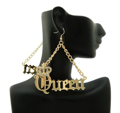 Crown Charm 'Queen' Drop Earrings in Gold-Tone