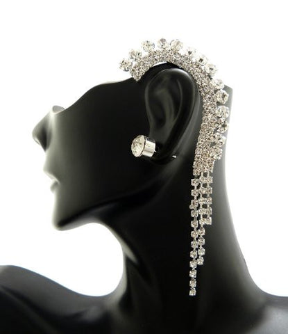 Dangling Rhinestone Ear Cuff with Stud Earring in Silver-Tone ECM682RCL