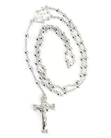 Virgin Mary and Jesus Cross Pendant 36" Rosary Necklace - Silver-Tone R1R