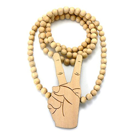 Victory Peace Hand Sign Wood Pendant 36" Wooden Bead Chain Necklace in Natural-Tone WX23NL