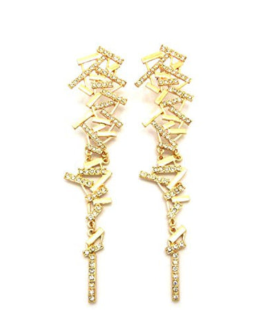 Clear Pave Long Abstract Drop Earrings in Gold-Tone