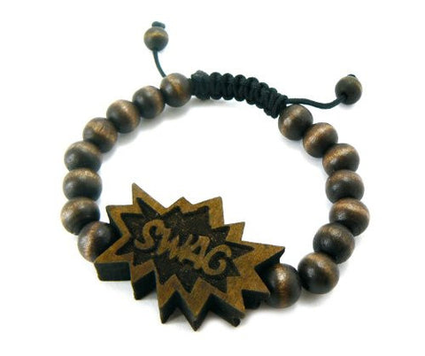 SWAG Wooden Pendant Wood Bead Chain Hip Hop Bracelet in Brown-Tone WB9BRN