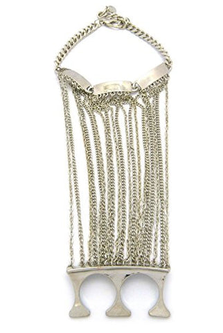 Hand Jewelry Two Finger Ring w/ Linked Chain Bracelet in Silver Tone JB1035RD