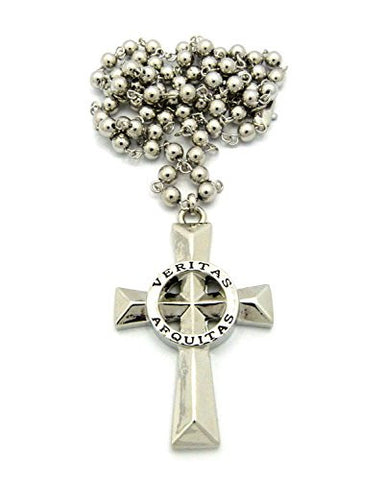 Veritas Aequitas (Truth & Justice) Cross Pendant 6mm 30" Bead Link Chain Necklace in Silver-Tone