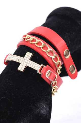 New Burgundy/Gold Tone Rhinestone Cross Charm Chain/Leather Bracelet SJB1287BU