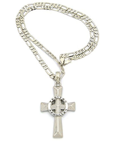 Veritas Aequitas Polished Cross Pendant w/ 24" Figaro Chain - Silver-Tone RC416R