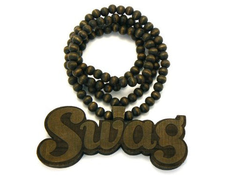 Swag Wood Pendant 36" Wooden Bead Chain Hip Hop Necklace in Brown-Tone WJ114BRN