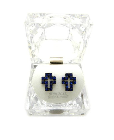 Rhinestone Cross Surgical Steel Stud Earrings in Blue/Hematite-Tone