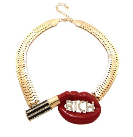RICH' Lips Gold/Red Rhinestone Lipstick Pendant Necklace and Earring Set w/ 16mm 15" Herringbone Look Chain DS1029GDRED