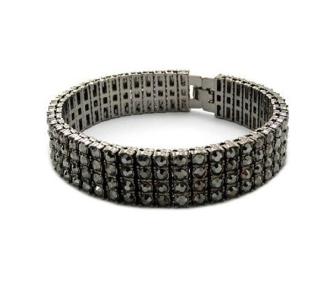 Iced Out 4 Row Rhinestone Bracelet 8.25" with Metal Clasp - Hematite-Tone