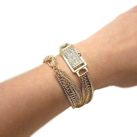 Rhinestone Watch Look Chain Bracelet in Gold-Tone