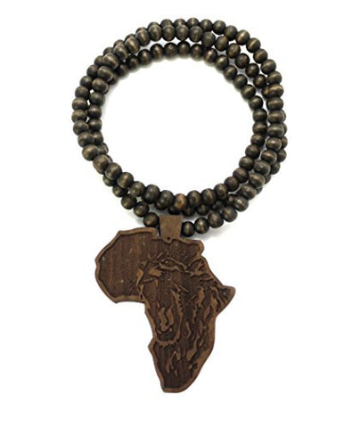 Lion Engraved Africa Wood Pendant 36" Wooden Bead Chain Necklace in Brown-Tone WJ192BRN