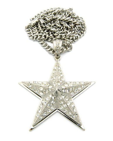 Rhinestone Studded 3D Star Pendant w/ 36" Cuban Link Chain - Silver Tone CP16R