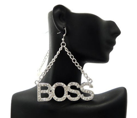 Rhinestone 'BOSS' Drop Earrings in Silver-Tone