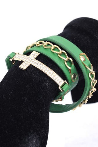 New Green/Gold Tone Rhinestone Cross Charm Chain/Leather Bracelet SJB1287GN