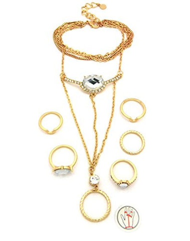 Clear Oval Stone Hand Harness 6 Ring Chain Bracelet in Gold-Tone