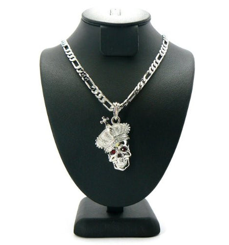 Crown Skull Micro Pendant w/ 5mm 24" Figaro Chain in Silver Tone MSP152R