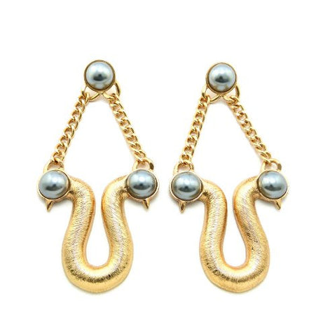 Pearl Stud Swan Design Drop Earrings in Hematite/Gold-Tone