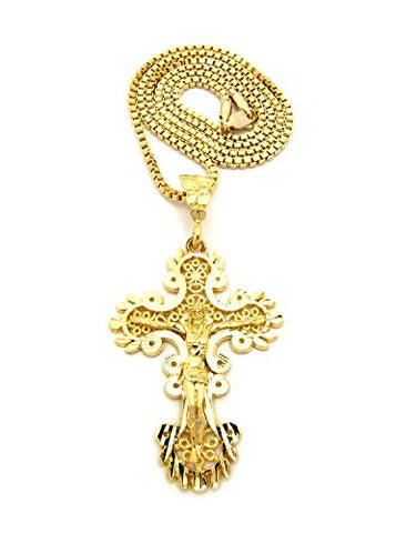Crucifix Jesus Olive Branch Cross Pendant 2.5mm 24" Box Chain Necklace in Gold-Tone