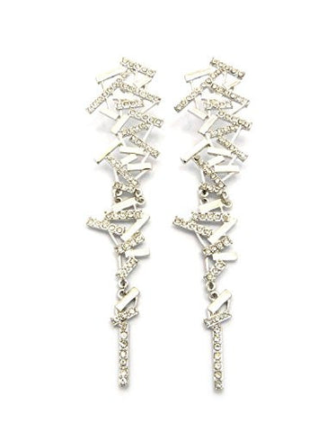 Clear Pave Long Abstract Drop Earrings in Silver-Tone