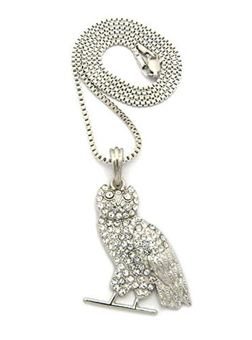 Rhinestone Studded Resting Owl Pendant 2mm 24" Box Chain Necklace in Silver-Tone